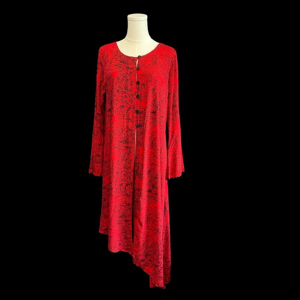 Long Red Floral/Bird Top w/ Side Splits and Tails
